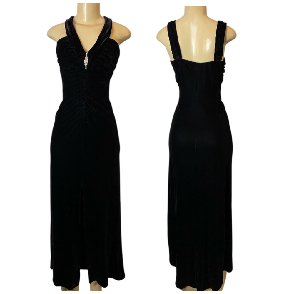 90s VTG Masquerade Black Velvet Gown W/ Train Glam Goth Bodycon Dress Sz 5/6